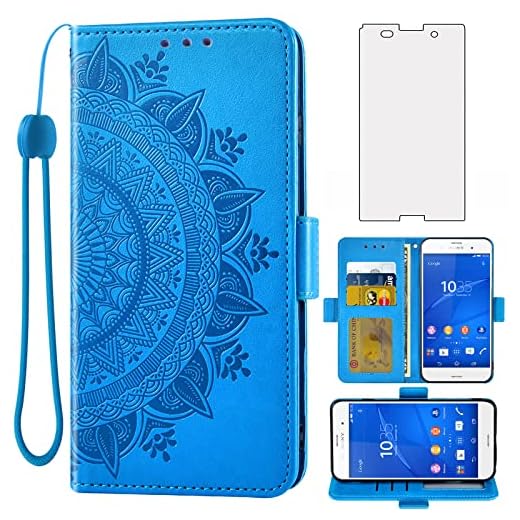 Asuwish Compatible with Sony Xperia Z3 Wallet Case and Tempered Glass Screen Protector Credit Card Holder Flip Purse Accessories Wrist Strap Stand Cell Phone Cover for Experia D6603 Women Men Blue