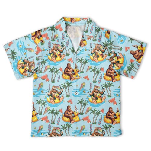 Boys Girls Funny Hawaii Shirt Bigfoot Cool Summer Casual Short Sleeve Button Down Shirt Sasquatch Kids Hawaiian Shirt
