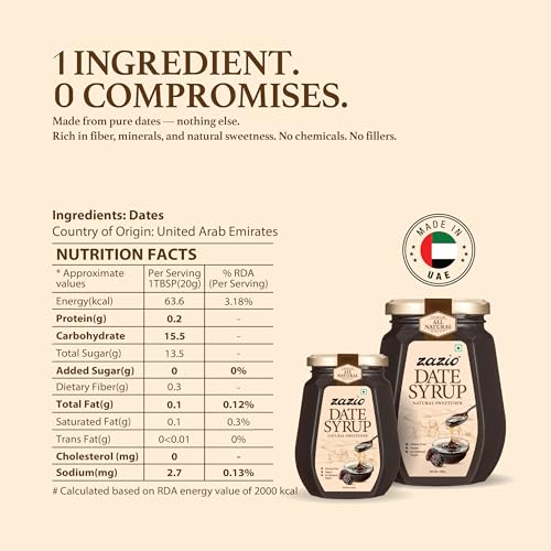 Image of Zazio Date Syrup 500GX2 | Natural Sweetener for Desserts, Pancakes & Baking | No Added Sugar | Healthy & Delicious,Made in UAE (Pack Of 2)
