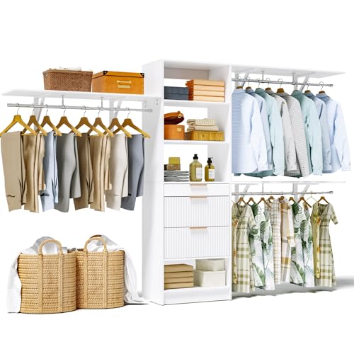 Redpick Closet System, 8FT Closet Organizer with 3 Wooden Drawers, Walk-in Closet Wardrobe Clothes Rack with 3 Expandable Hanging Rods, Garment Rack, White