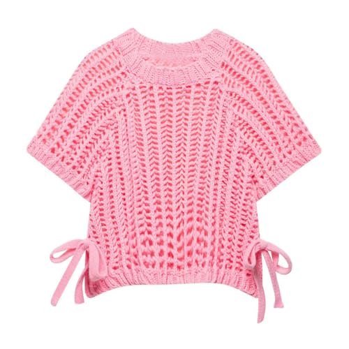 LOFAAC Women Cute Round Neck Chunky Knit Crop Sweater Tops Loose Fit Short Sleeve Bow Knot Side Crochet Pullover Tee Top