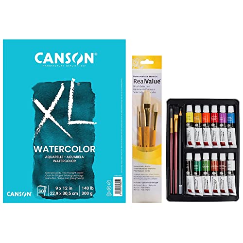 Canson XL Series Watercolor Pad 9" x 12", 30 Sheets Multicolor +Watercolor Painting Art Set with Tin + Natural Bristle Real Value Brush Set 3 Pieces