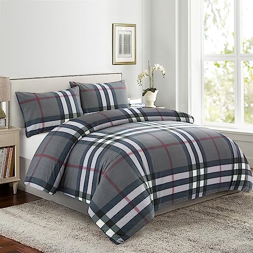 Marina Decoration Ultra Soft Silky Zipper Rich Printed Rayon Derived from Bamboo All Season 3 Pieces Duvet Cover Set with 2 Pillowcases, Modern Grey Tartan Pattern Double/Full Size