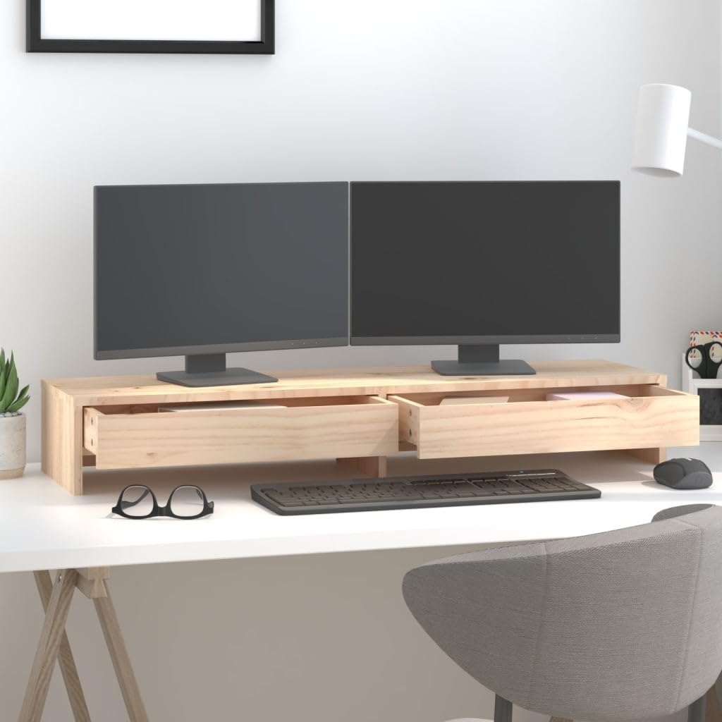 Supporto per monitor in legno di pino massiccio, 100 x 27 x 15 cm, ergonomico, per scrivania per computer, scrivania, PC, supporto con spazio e cassetti, per ufficio, casa, gaming