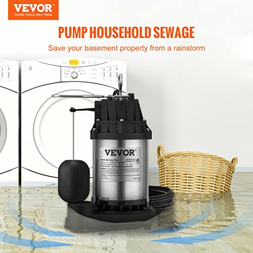 Vevor 1/2 Hp Sewage Pump, 4320 Gph, Cast Iron And Steel Submersible Sump Pump, 1-1/2" Npt Discharge With 10 Ft Cord, Automatic Float Switch With Piggy-Back Plug, For Indoor&Outdoor Water Drain #TOP1