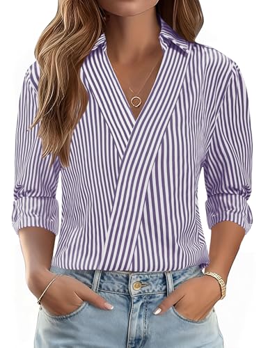 Image of LOMON 3 /4 Length Sleeve Womens Tops Dressy V Neck Collared Shirts Trendy Business Casual Work Blouses Vacation Outfits 2026