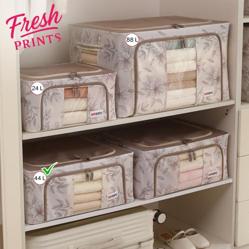 Image of HOKIPO 44L(M) Wardrobe Organiser for Storage of Clothes, 600D Oxford Fabric Storage Box, Latte Floral Pack of 1 (AR-6485-LBR)