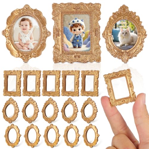 Toyvian Cadre photo miniature de style vintage : 18 mini cadres dorés, éléments décoratifs, bricolage mini cadre photo en résine pour maisons de poupée...