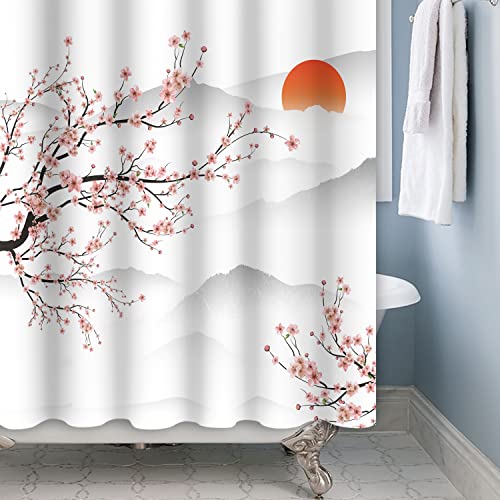 SDOTPMT 180x180cm Asian Cherry Blossom Shower Curtain Japanese Mount Fuji Peach Blossom Branch Bathtub Curtain Sunrise Mist Bathroom curtain for Bathroom Decor Fabric Waterproof with Hooks - Image 4