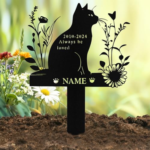 Qodwei Custom Cat Grave Marker Outdoor Personalized Metal Cat Memorial Grave Stake with Name and Date Outdoor Waterrproof Cats Memorial Plaque