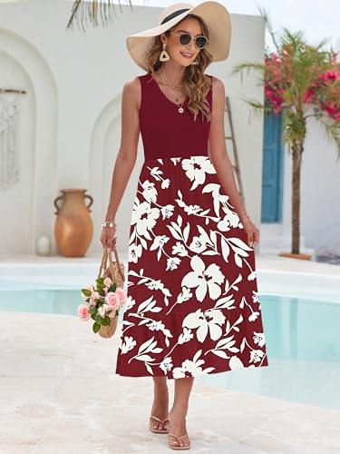 Image of AUSELILY Womens Summer Maxi Dress Casual Sleeveless V Neck Floral Dresses | A line shape with practical side pockets, Vacation dress for resort walks, Pair with low heels and simple jewelry