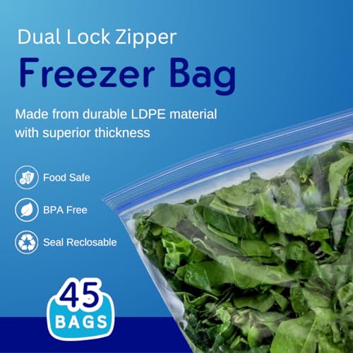Image of GREENTWISH Zip 'N' Seal (Pack of 45 Bags) Dual Zipper Zip Lock Bags, Freezer /Microwave Safe, Ziplock Bag For Food Storage, BPA Free Reusable LDPE Transparent Freezer Bag, Small-15, Medium-15, Large-15 | Multipurpose Storage