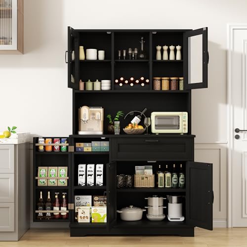 Image of Shintenchi Kitchen Pantry Storage Cabinet, Freestanding Buffet Cabinet with Microwave Stand & 3 Door Shelves, Kitchen Hutch with Doors, Adjustable Shelves and Wine Rack, Black