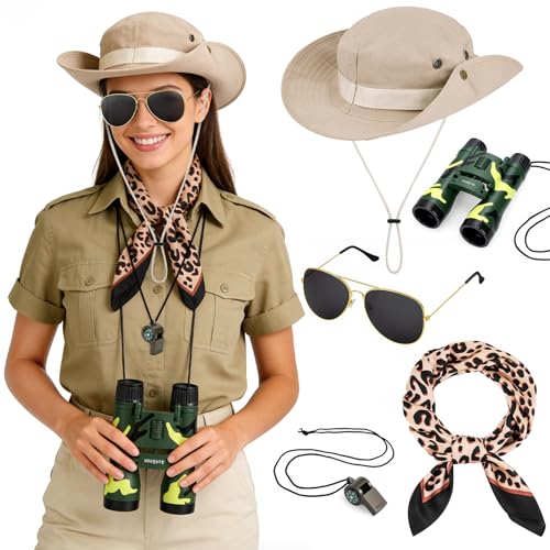 SelfTek Karneval Safari Kostüm Damen - 5 Stück Safari Kostüm Accessoires mit Safarihut Fernglas Taschentuch Sonnenbrille Pfeife Dschungel Kostüm für Karneval Fasching Party Outdoor
