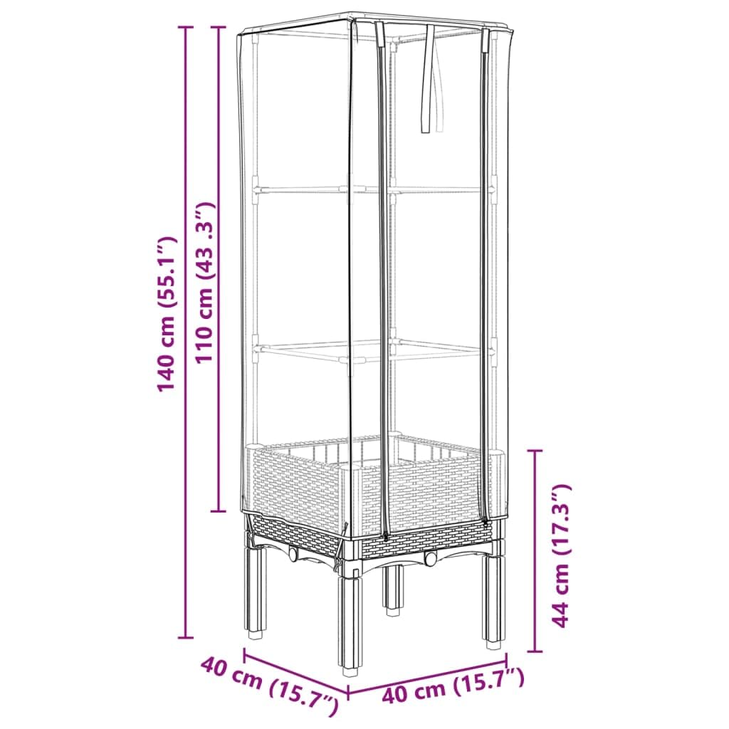 Bancal alto con accesorio de invernadero de aspecto de ratán, 40 x 40 x 140 cm, metal para jardín con accesorio impermeable, para verduras, jardinera, jardinera, jardinera elevada de acero, contenedor