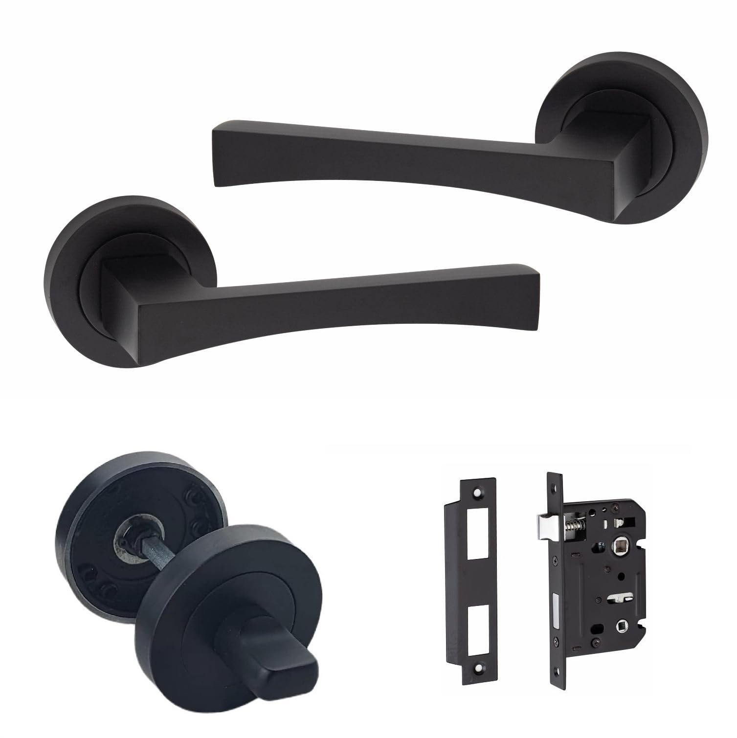 Golden Grace Wave Design Bathroom WC Toilet Door Handle Set on Round Rose in Matt Black Finish with 64mm Bathroom Mortise Lock & Thumbturn