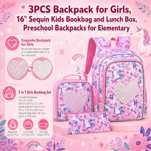 Image of 3Pcs Unicorn Backpack for Girls, 16 inch Sequin Kids Bookbag with Lunch Box，School Backpacks for Elementary Preschool Kindergarten (Pink)