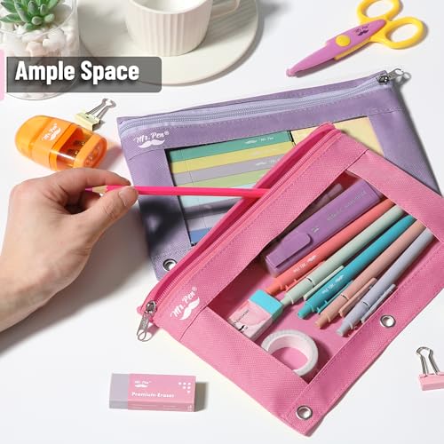 Image of Mr. Pen- Pencil Pouch for 3 Ring Binder, 2 Pack, 10 inchx6.75 inch, Smooth Zipper | Clear Window, Large Capacity Pencil Case with 3 Reinforced Grommets for School, Office, Supplies Storage | Clear Window, Large Capacity Pencil Case with 3 Reinforced Grommets for School, Office, Supplies Storage