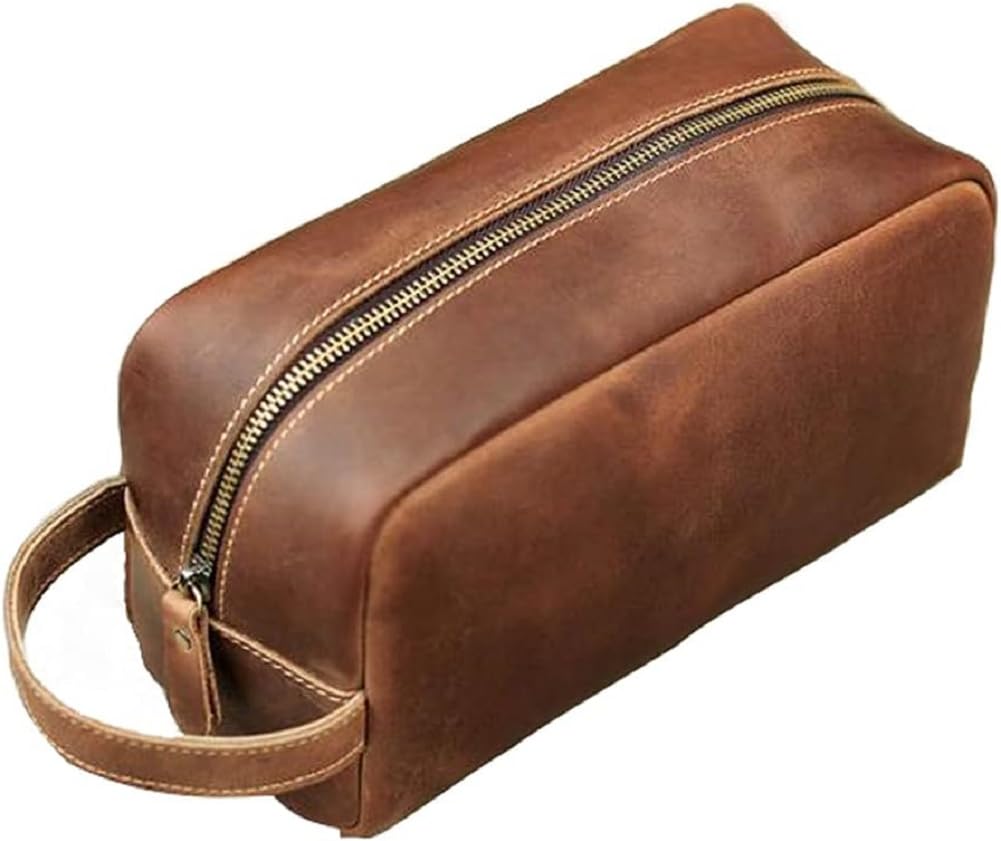 RC ROCKCOWPersonalized Leather Toiletry Bag for Men Travel Shaving Dopp Kit-Large Cosmetic Bags Toiletries Bathroom Organizer, Brown, Medium