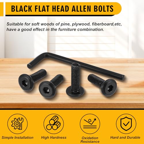 Image of Blulu 50 Pcs M6 x 20mm Flat Head Hex Socket Cap Screws Bolts, Carbon Steel Furniture Bolts Full Thread Black Oxide Hex Drive Fasteners Socket Head Screws with Black Spanner