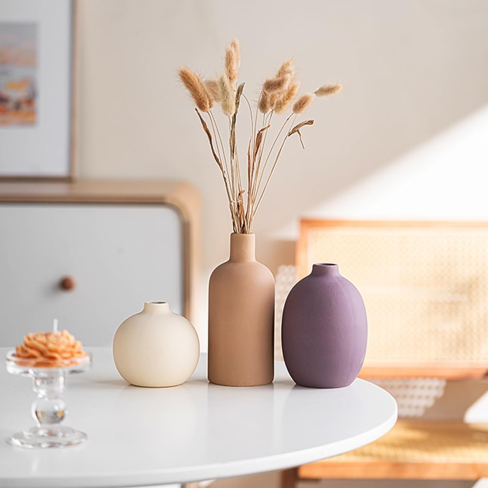 Set of 3 Ceramic Vases, Decorative Vases Aesthetic Neutral Boho Scandinavian Deco Vases, Modern Farmhouse Decor, Living Room, Shelf (Light Purple Beige)