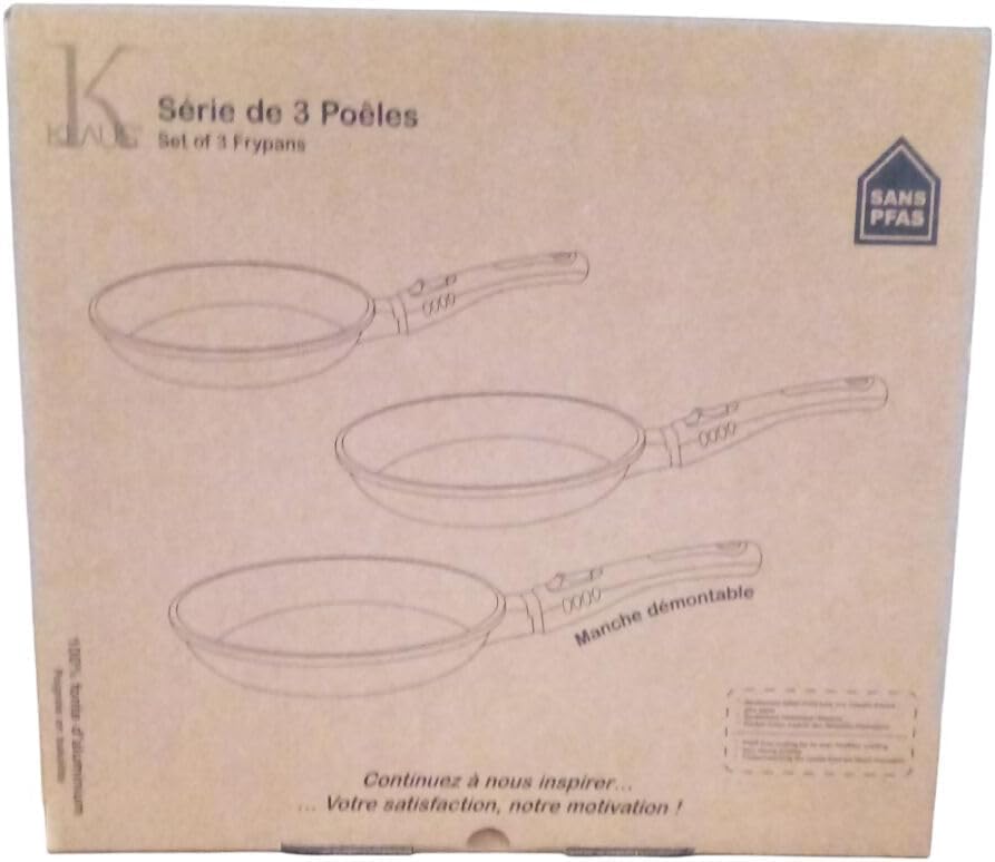 KLAUS Lot de 3 poêles en Pierre de Hautes qualités antiadhésif Compatible Tous Feux Dont Induction les 3 poêle à frire adapté au Four grâce à Leur Manches Amovibles Ø 20 cm, Ø 24 cm et Ø 28 cm