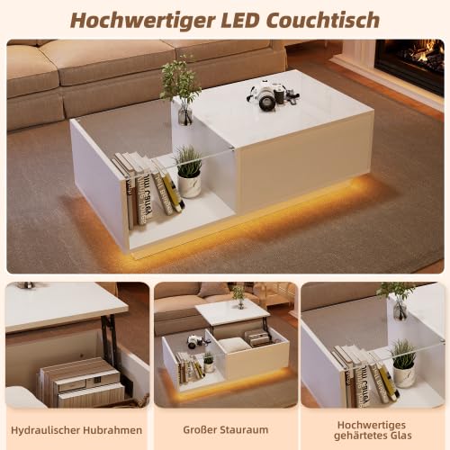 LED Couchtisch, Höhenverstellbarer Kaffeetisch mit Smart LED Beleuchtung & Verstecktem Stauraum, Hochglanz Wohnzimmer Tisch, 50x100x(33-46.5) cm, Weiß/Schwarz