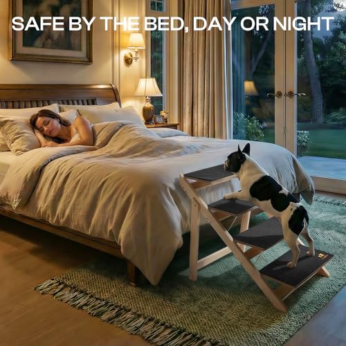 Luciphia Wooden Dog Stairs for Small Dogs 2-in-1 Foldable Dog Steps for Beds Cars Couch Anti-Slip Pet Ramp with 3 Steps Indoor Pet Stairs for Medium Large Older Pets Cats up to 220lbs