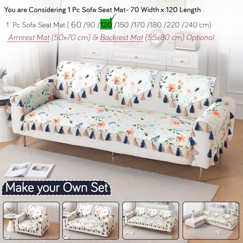 Image of HOKIPO Sofa Cover Mat with Tassel for 1 /2 /3 Seater & L Shape Sofa | DIY Sofa Cover Set | Printed Holland Velvet | 'Whispers of Nature' | 70(W) x 120(L) cm | Pastel Butterfly Meadow (IN-1119-D2)