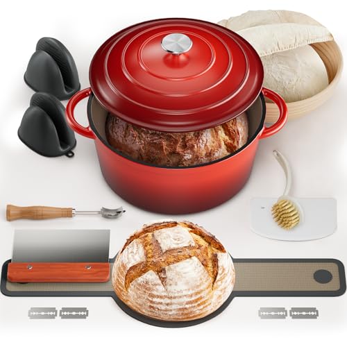 Cast Iron Dutch Oven for Bread Baking, With Banneton Bread Proofing Basket & Sourdough Baking Supplies, 5QT Multi-Functional Enameled Dutch Oven Pot with Lid, Cast Iron Bread Pan, Red