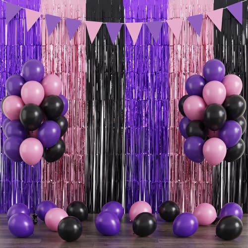 Image of TONIFUL 2Pcs Purple Pink Black Metallic Tinsel Foil Fringe Curtain Streamer | 3.3ftx6.6ft Photo Booth Backdrop Door Streamer for Halloween Mystery Themed Birthday Baby Shower Bachelorette Party Decor