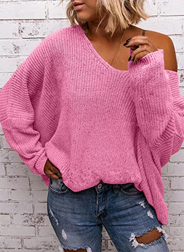 Image of BZB Women's V Neck Long Sleeve Knit Loose Oversized Pullover Sweater Top