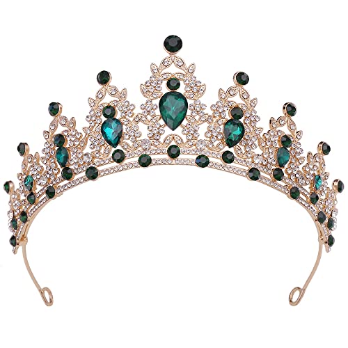 Dorado Corona Princesa Niña Verde Pedrería Diamantes Cristal Tiara Reina Corona Mujer Crown Zenith Disfraz Corona Para Tarta de Cumpleaños Halloween Cosplay Navidad Decoración para El pelo