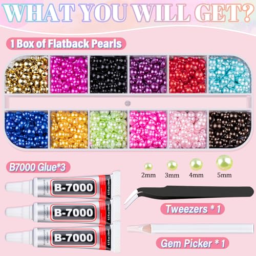 Image of Flatback Pearls for Crafting with 3Pcs 10ml B7000 Jewelry Glue, 1 Box of Half Round Colorful Pearls, Bedazzling Beads for DIY Crafts Clothing Tumblers Shoes Embellishment Nail Art