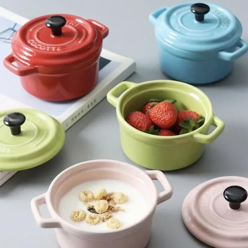 Cuenco de cerámica for desayuno, moldes for ramequines con tapa, aptos for horno, for crème brûlée, minicazuela, soufflé, tapa y asa for sopa de cebolla, 220 ml(Green)