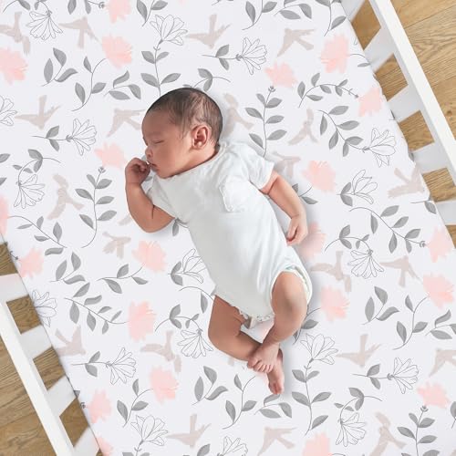 Image of Lambs & Ivy Petals Gray /Pink Sateen Cotton Floral 3-Piece Baby Crib Bedding Set