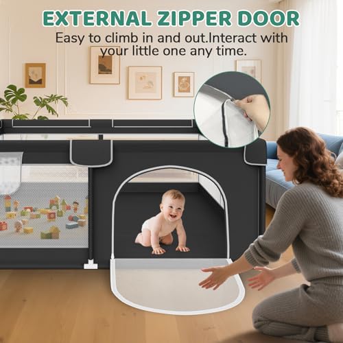 Image of Baby Playpen 64x64 Inch for Babies and Toddlers Indoor & Outdoor | Large Baby Play Yard, Safe & Sturdy, Easy-Assembly, Non-Slip, Easy to Clean, Black, Lightweight, External Zipper Door