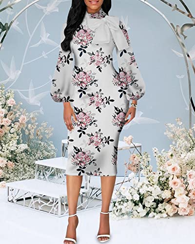 Image of Sexy Long Sleeve Dress for Women Solid Color Bow Knot Turtleneck Formal Gown Midi Casual Church Dresses