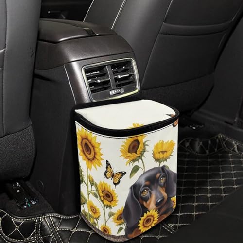 Image of Talayituse Dachshund Sunflower Butterfly Print Car Trash Can with Adjustable Straps, Foldable Car Trash Bag Bin Car Garbage Bag Multipurpose Storage Box for Vehicle Travel Camping Picnicing