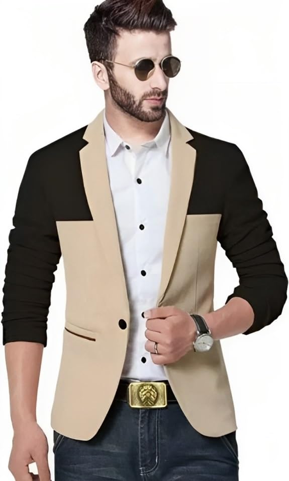 Men's Single Breasted Casual, Formal, Party, Wedding Blazer, Black and Beige
