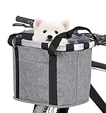 Goldmiky Fahrradkorb, Faltbar Wasserdicht Fahrrad Lenkerkorb, Abnehmbare Lenkerkorb Aluminiumlegierung Rahmen Hund Katze Haustier Träger für Kleiner Hund, Mountain Picknick, Einkaufen (Grau)