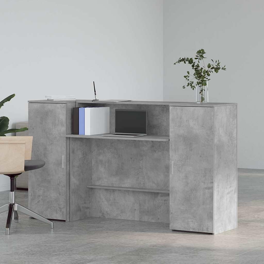 Mesita de recepción de madera gris hormigón 180 x 50 x 103,5 cm con espacio de almacenamiento y mostrador para oficina, oficina en casa, juegos, lugar de trabajo, ergonómico y ahorra espacio