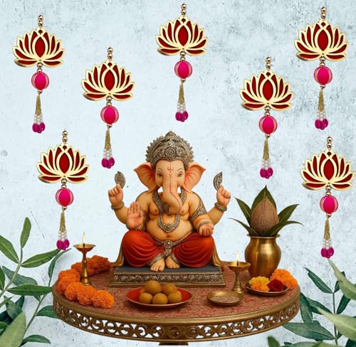 Image of Handcrafted Decorative Wall Decor Hanging Ornament for Ganpati Diwali Navratri and Pooja Setup Ethnic Hanging for Home Entrance and Mandir Temple Decor Set of 6 Lotus MDF Wood with Beads and Pearls