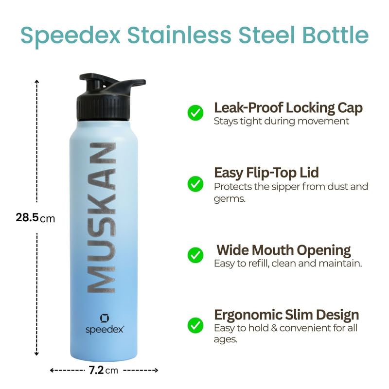 Image of Speedex Customised Stainless Steel Water Bottle 1 Ltr with Name - Personalised Engraved Sipper Cap Bottle for Kids, Men & Women, School, Gym, Office Dual Blue, Set of 1