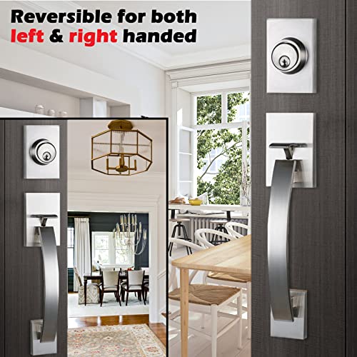 Image of NEWBANG Silver Double Doors Handle Lock Set for Front & Entry Door - Satin Nickel Finish,MDHST2017SN-SET-BR