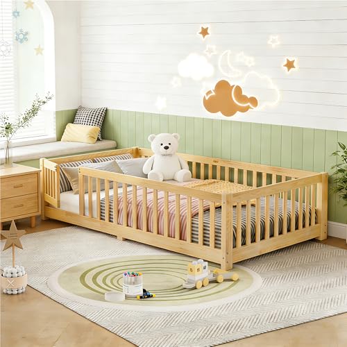 Image of Bellemave Twin Size Floor Bed Frame with Slats and Fence for Kids,Solid Wood Montessori Floor Bed with Door and Safety Guardrails for Girls Boys, Natural