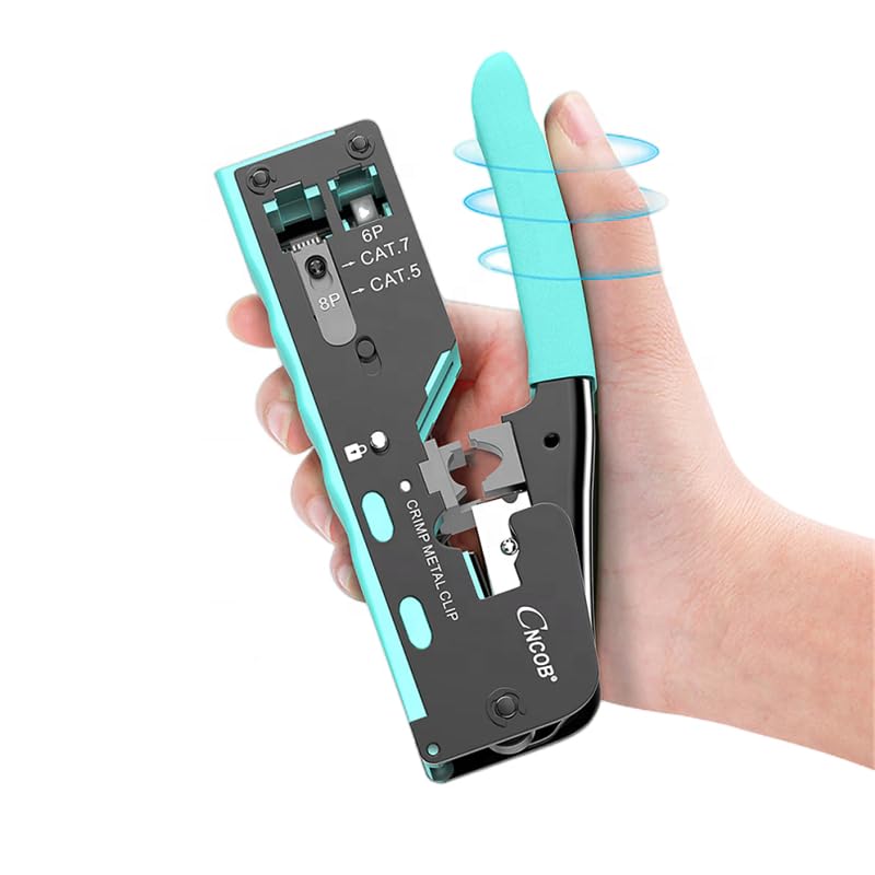 Image of XIKKART RJ45 Crimping Tool Kit, Passthrough Cat7 Cat6A Cat6 Cat5E Cat5 RJ45 Ethernet Crimp Tool with 10PCS Cat7 Pass Through Connectors 10PCS Cat6 Pass Through Connectors 10PCS Covers 1 Network Tester