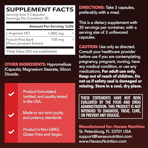 Image of L-Arginine 1800mg and Pine Bark Extract 100mg - Nitric Oxide Supplement for Men - Performance Supplement for Men's Health - 90 Count - Endurance, Recovery Support - Vegan, Non-GMO Capsules