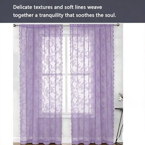 Cortinas semitransparentes con caída y cenefa morada para ventanas de sala 4