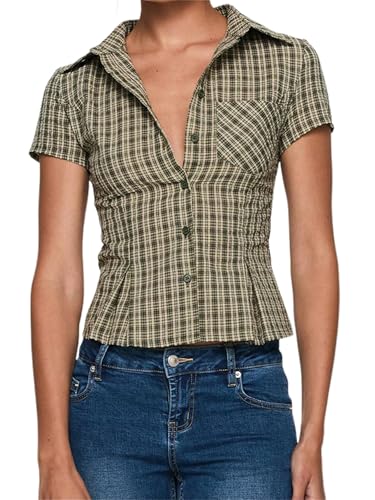 Women's Plaid Button Down Shirts Y2k Summer Basic Ruffle Blouse Casual Lapel Collar Short Sleeve Slim Fit Tops